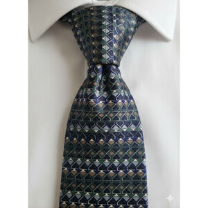 J. Garcia blue green tan pattern striped silk tie - 56" - corpcore office